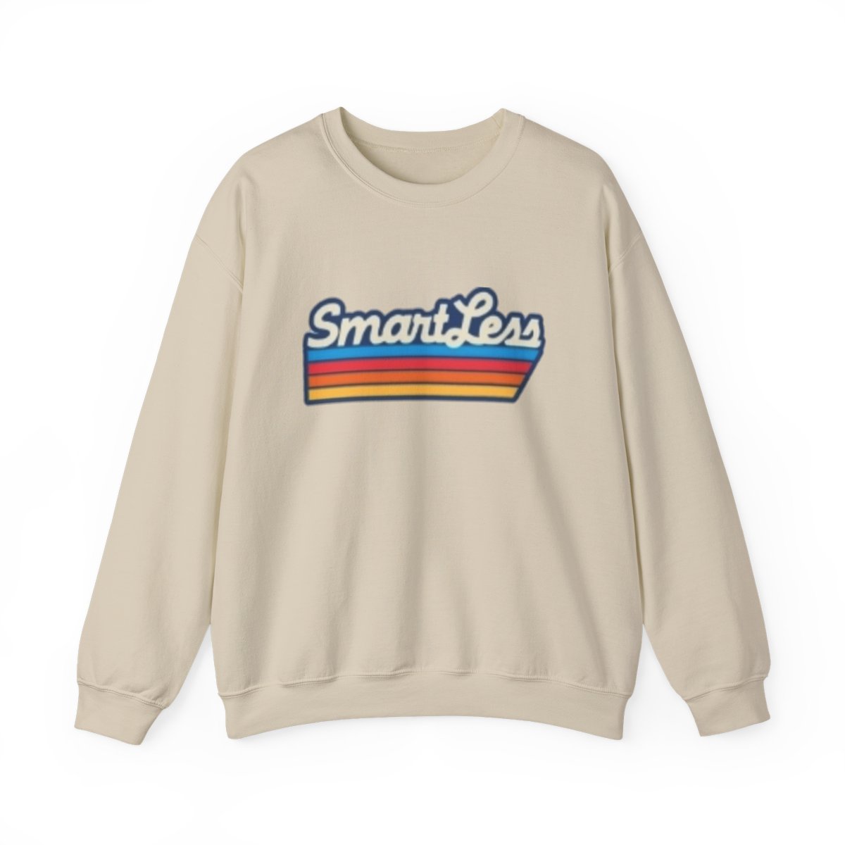SmartLess retro stripe Sweatshirt | vintage script, rainbow bars SmartLess - alternate angle 4, merchandise