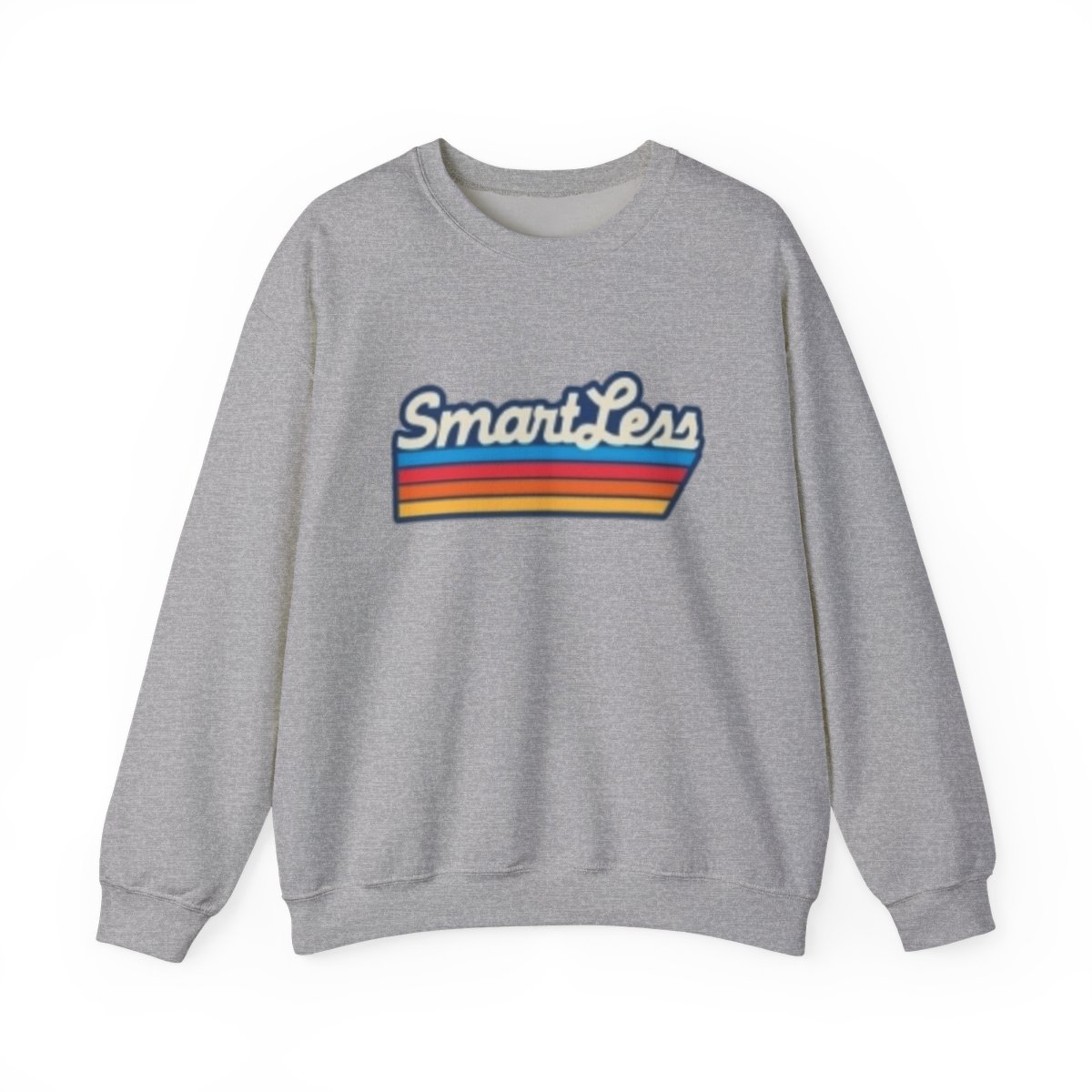 SmartLess retro stripe Sweatshirt | vintage script, rainbow bars SmartLess - alternate angle 5, merchandise