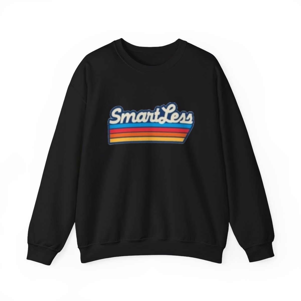 SmartLess retro stripe Sweatshirt | vintage script, rainbow bars SmartLess - alternate angle 3, merchandise