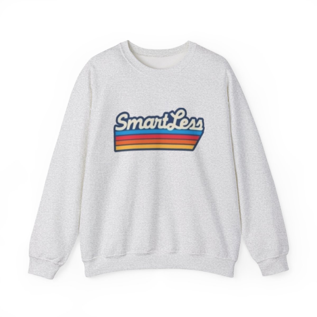 SmartLess retro stripe Sweatshirt | vintage script, rainbow bars SmartLess - alternate angle 2, merchandise
